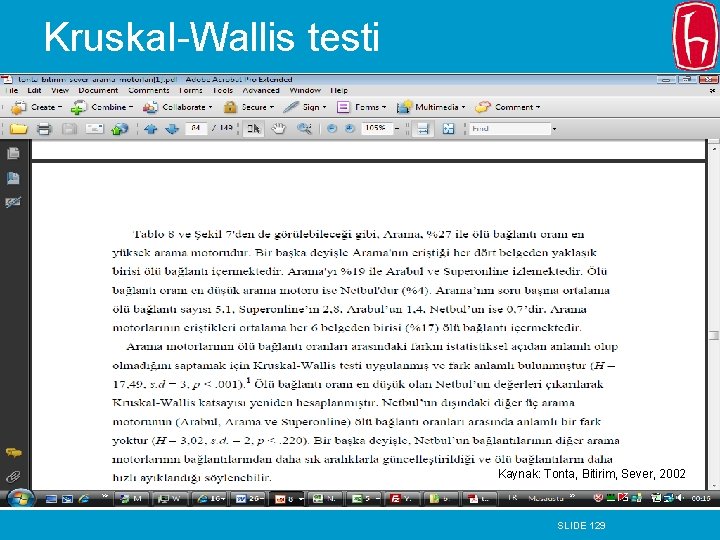 Kruskal-Wallis testi Kaynak: Tonta, Bitirim, Sever, 2002 SLIDE 129 