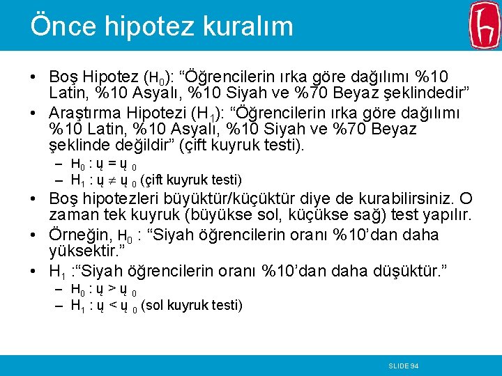 Önce hipotez kuralım • Boş Hipotez (H 0): “Öğrencilerin ırka göre dağılımı %10 Latin,