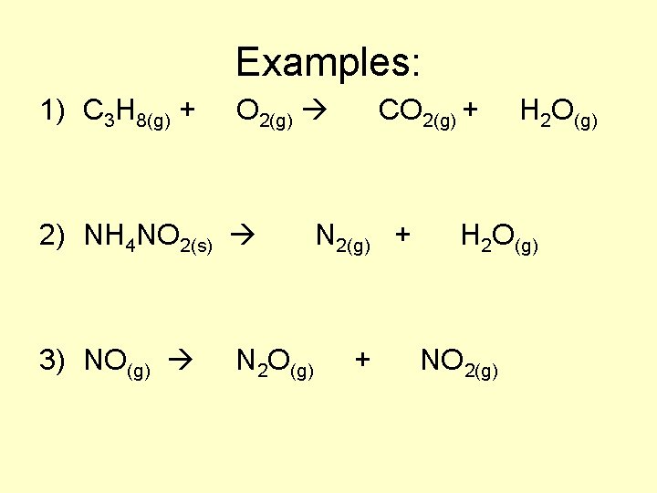 Examples: 1) C 3 H 8(g) + O 2(g) CO 2(g) + H 2