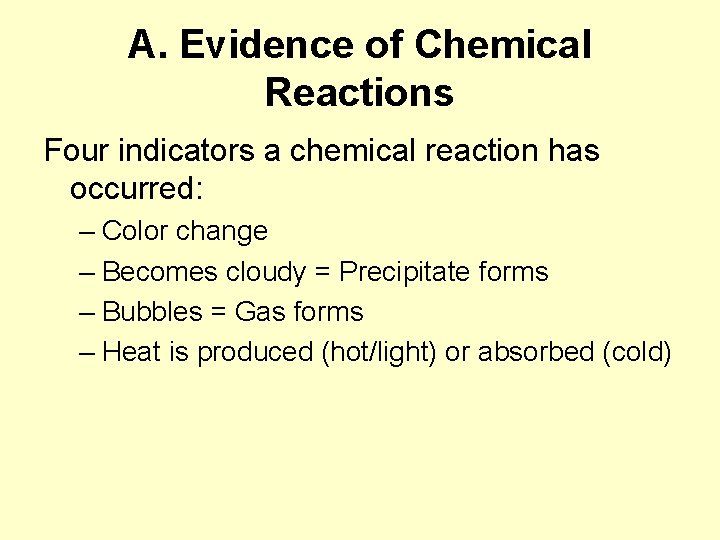 indicazioni che si è verificato un qualsiasi tipo di reazione chimica