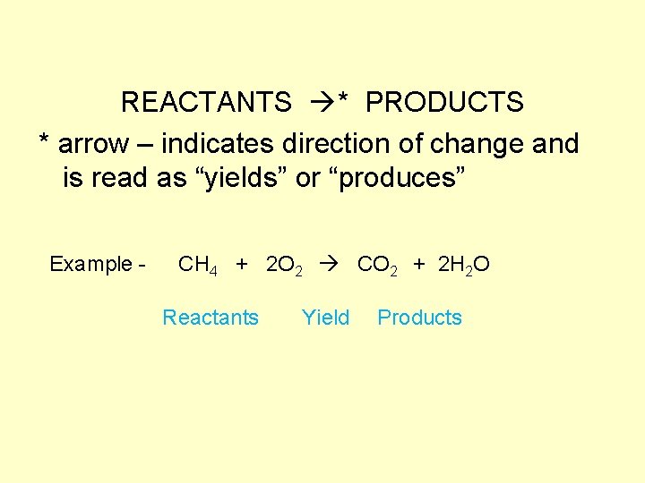 REACTANTS * PRODUCTS * arrow – indicates direction of change and is read as