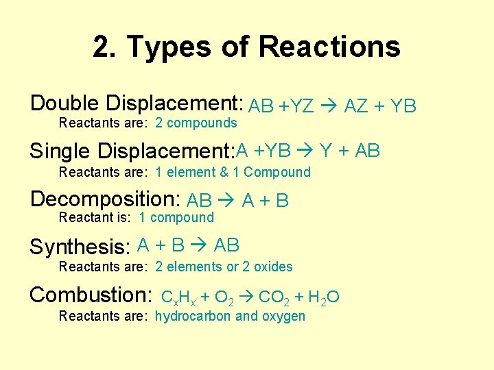2. Types of Reactions Double Displacement: AB +YZ AZ + YB Reactants are: 2