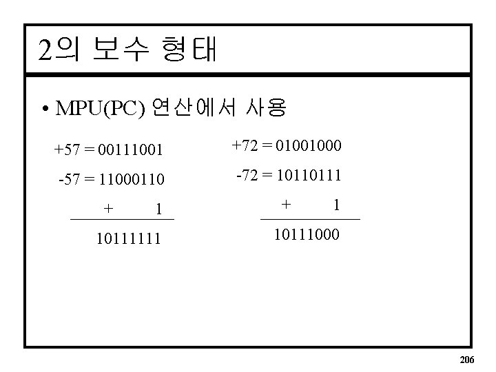 2의 보수 형태 • MPU(PC) 연산에서 사용 +57 = 00111001 +72 = 01001000 -57