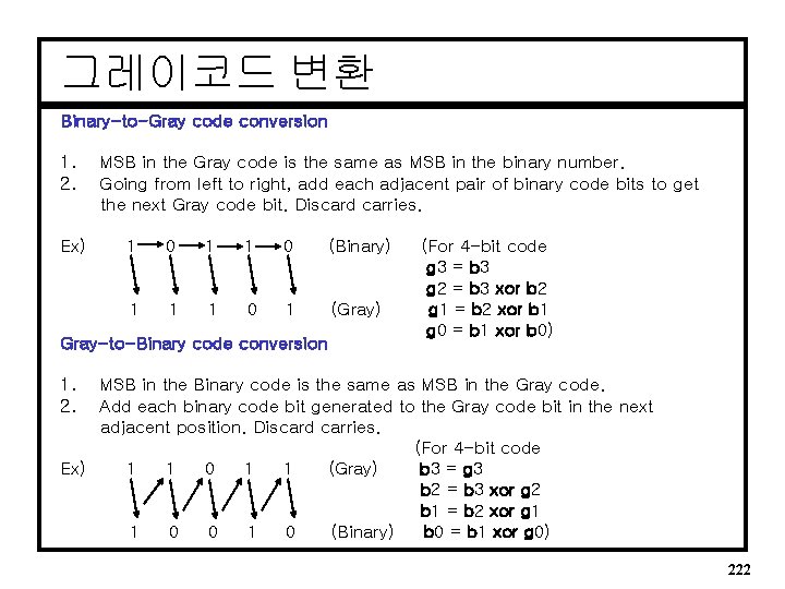 그레이코드 변환 Binary-to-Gray code conversion 1. 2. Ex) MSB in the Gray code is