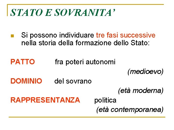 STATO E SOVRANITA’ n Si possono individuare tre fasi successive nella storia della formazione