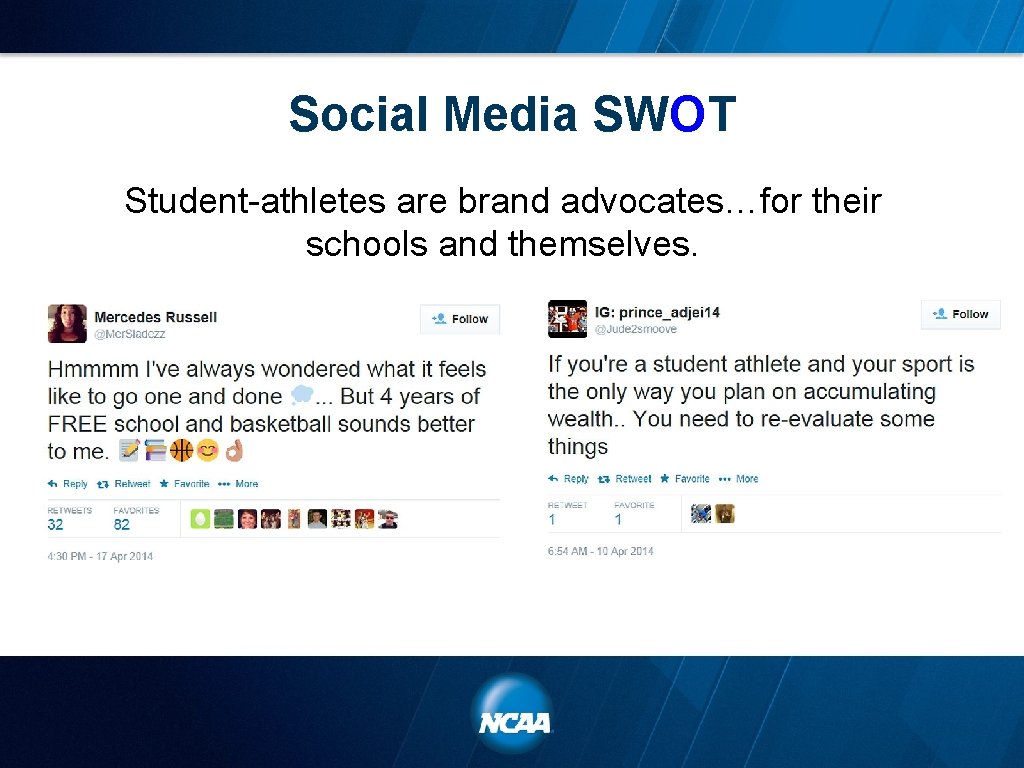 Social Media SWOT Student-athletes are brand advocates…for their schools and themselves. 
