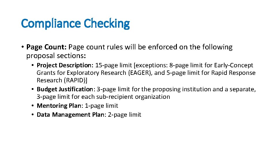 Compliance Checking • Page Count: Page count rules will be enforced on the following