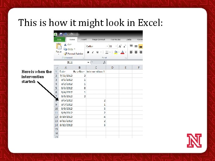 This is how it might look in Excel: Here is when the intervention started: