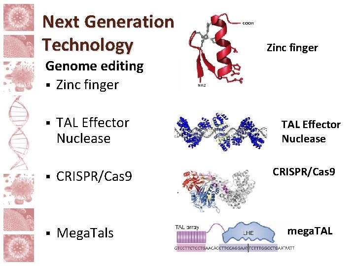 Next Generation Technology Genome editing § Zinc finger § TAL Effector Nuclease § CRISPR/Cas Next Generation Technology Genome editing § Zinc finger § TAL Effector Nuclease § CRISPR/Cas