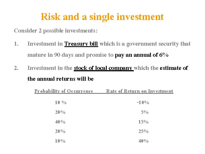 Risk and a single investment Consider 2 possible investments: 1. Investment in Treasury bill