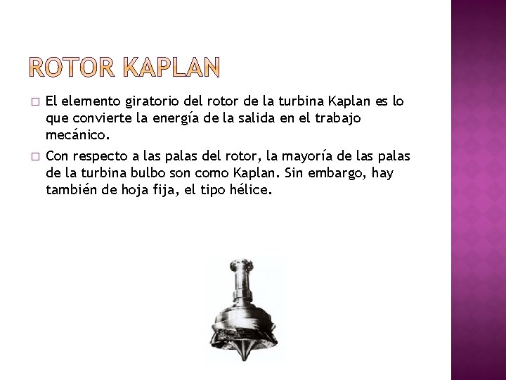 � � El elemento giratorio del rotor de la turbina Kaplan es lo que