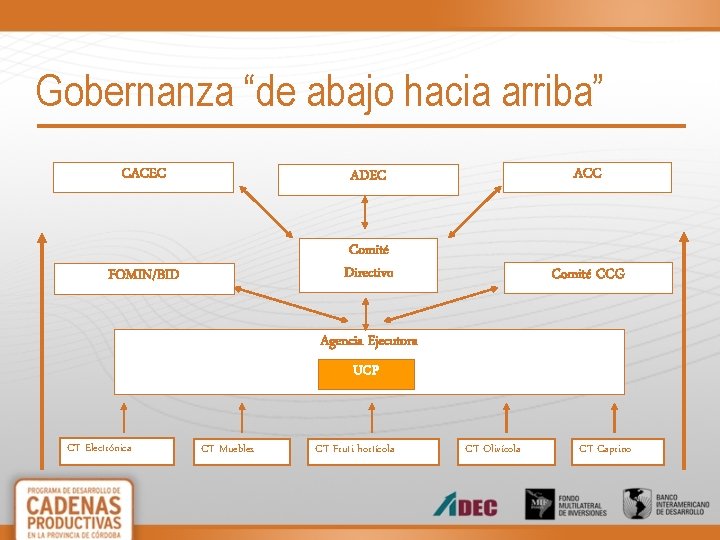 Gobernanza “de abajo hacia arriba” CACEC ADEC ACC FOMIN/BID Comité Directivo Comité CCG Agencia