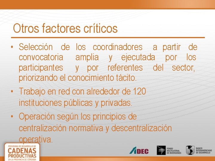 Otros factores críticos • Selección de los coordinadores a partir de convocatoria amplia y