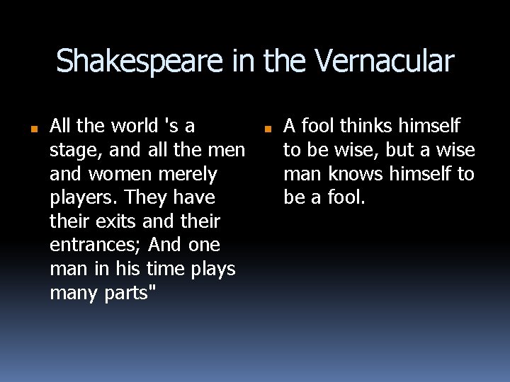 Shakespeare in the Vernacular ■ All the world 's a stage, and all the