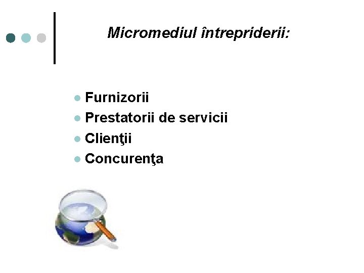 Micromediul întrepriderii: Furnizorii l Prestatorii de servicii l Clienţii l Concurenţa l 