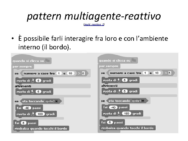 pattern multiagente-reattivo (multi_reattivo_2) • È possibile farli interagire fra loro e con l’ambiente interno pattern multiagente-reattivo (multi_reattivo_2) • È possibile farli interagire fra loro e con l’ambiente interno