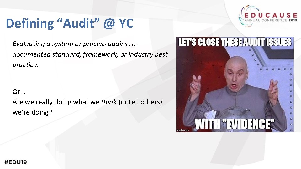 Defining “Audit” @ YC Evaluating a system or process against a documented standard, framework,