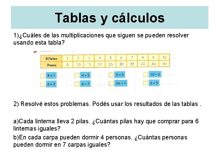 Tablas y cálculos 1)¿Cuáles de las multiplicaciones que siguen se pueden resolver usando esta