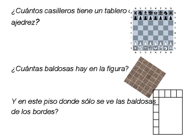 ¿Cuántos casilleros tiene un tablero de ajedrez? ¿Cuántas baldosas hay en la figura? Y