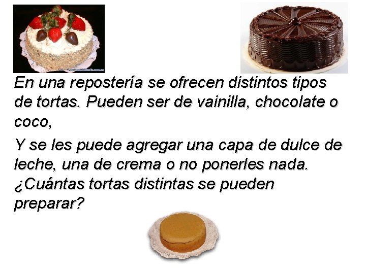 En una repostería se ofrecen distintos tipos de tortas. Pueden ser de vainilla, chocolate