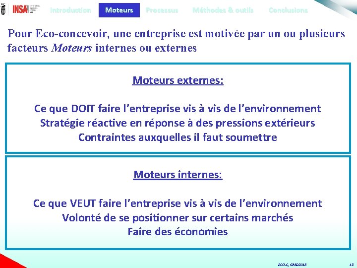 Introduction Moteurs Processus Méthodes & outils Conclusions Pour Eco-concevoir, une entreprise est motivée par