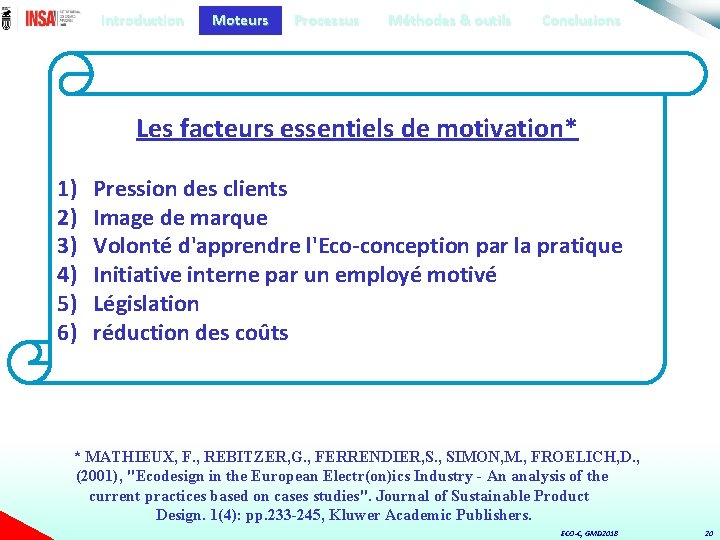 Introduction Moteurs Processus Méthodes & outils Conclusions Les facteurs essentiels de motivation* 1) 2)