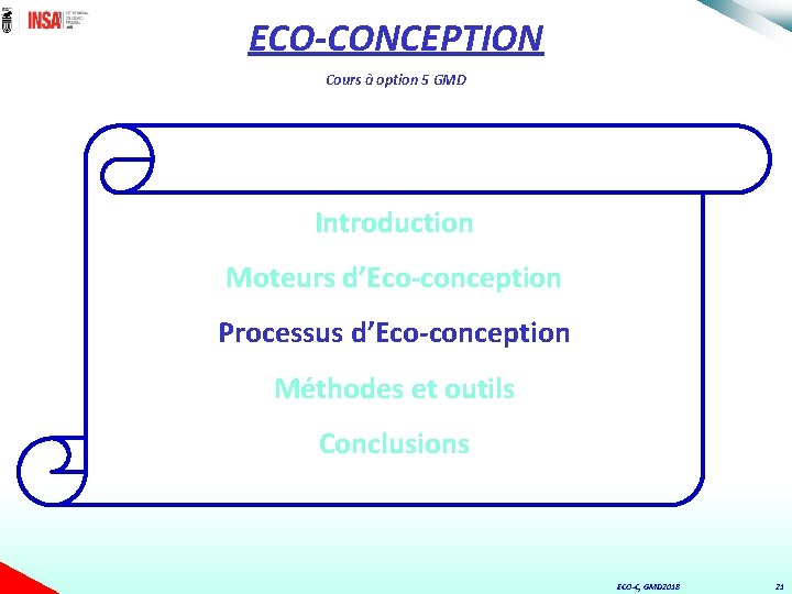 ECO-CONCEPTION Cours à option 5 GMD Introduction Moteurs d’Eco-conception Processus d’Eco-conception Méthodes et outils