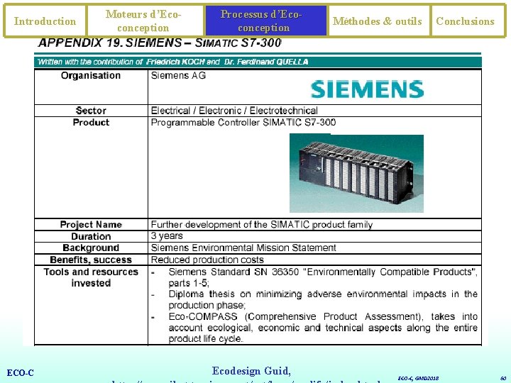 Introduction ECO-C Moteurs d’Ecoconception Processus d’Ecoconception Ecodesign Guid, Méthodes & outils Conclusions ECO-C, GMD