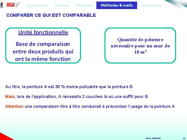 Introduction Moteurs Processus Méthodes & outils Conclusions COMPARER CE QUI EST COMPARABLE Unité fonctionnelle