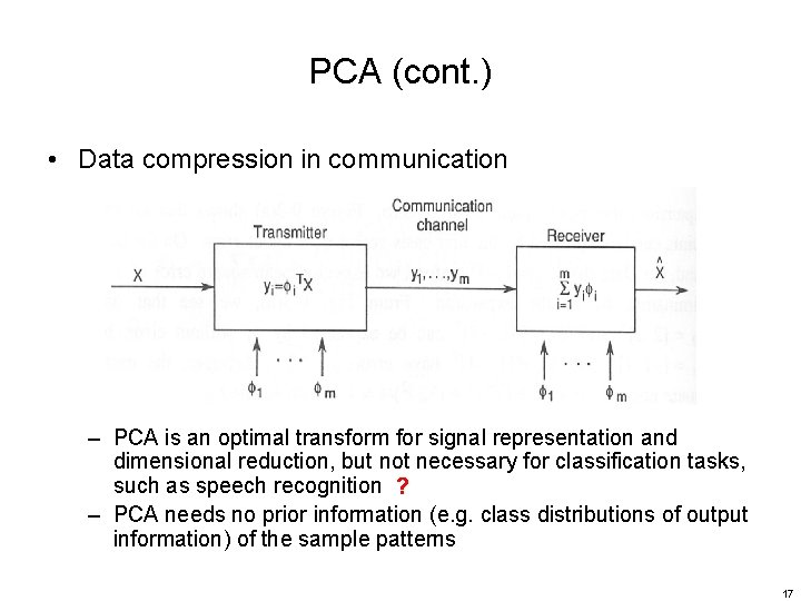 PCA (cont. ) • Data compression in communication – PCA is an optimal transform