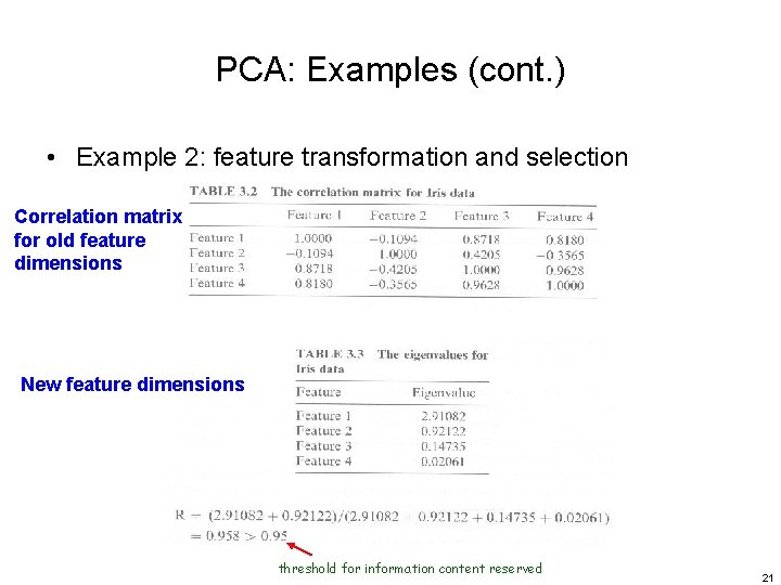 PCA: Examples (cont. ) • Example 2: feature transformation and selection Correlation matrix for