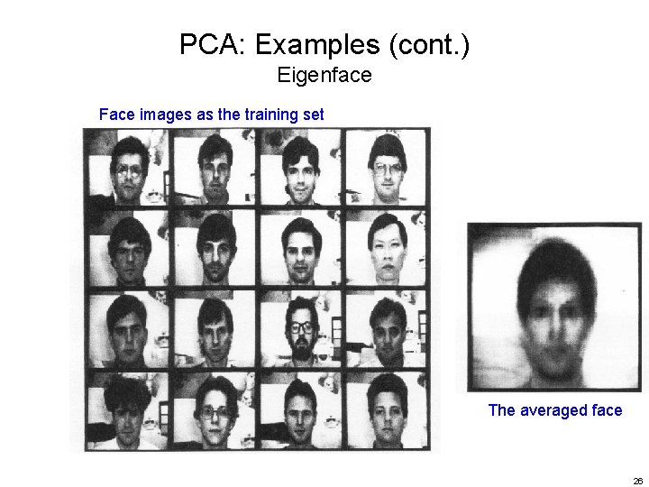 PCA: Examples (cont. ) Eigenface Face images as the training set The averaged face