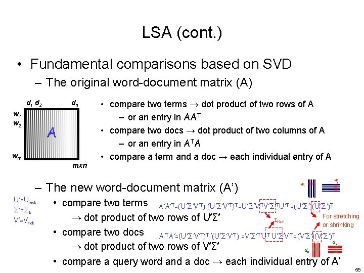 LSA (cont. ) • Fundamental comparisons based on SVD – The original word-document matrix