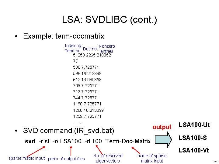 LSA: SVDLIBC (cont. ) • Example: term-docmatrix Indexing Nonzero Doc no. Term no. entries