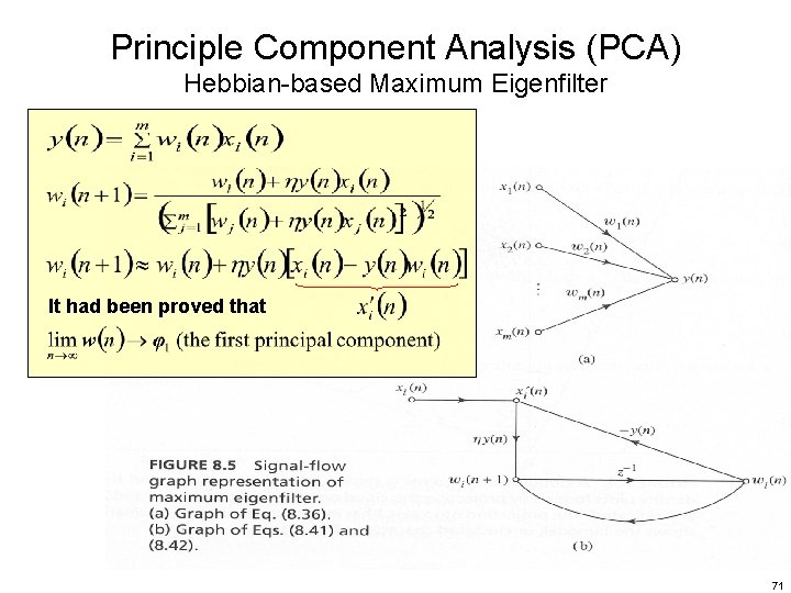 Principle Component Analysis (PCA) Hebbian-based Maximum Eigenfilter It had been proved that 71 