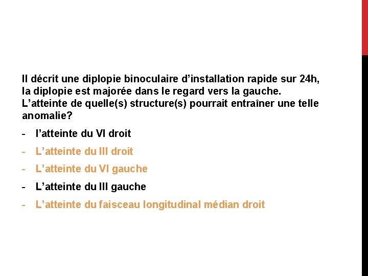 Il décrit une diplopie binoculaire d’installation rapide sur 24 h, la diplopie est majorée