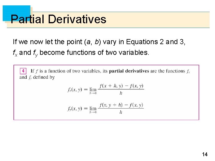 Partial Derivatives If we now let the point (a, b) vary in Equations 2