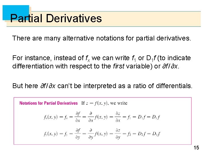 Partial Derivatives There are many alternative notations for partial derivatives. For instance, instead of Partial Derivatives There are many alternative notations for partial derivatives. For instance, instead of