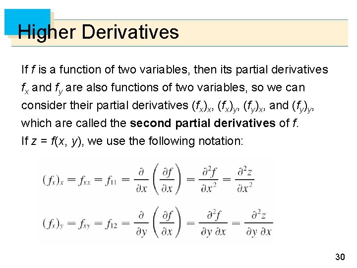 Higher Derivatives If f is a function of two variables, then its partial derivatives