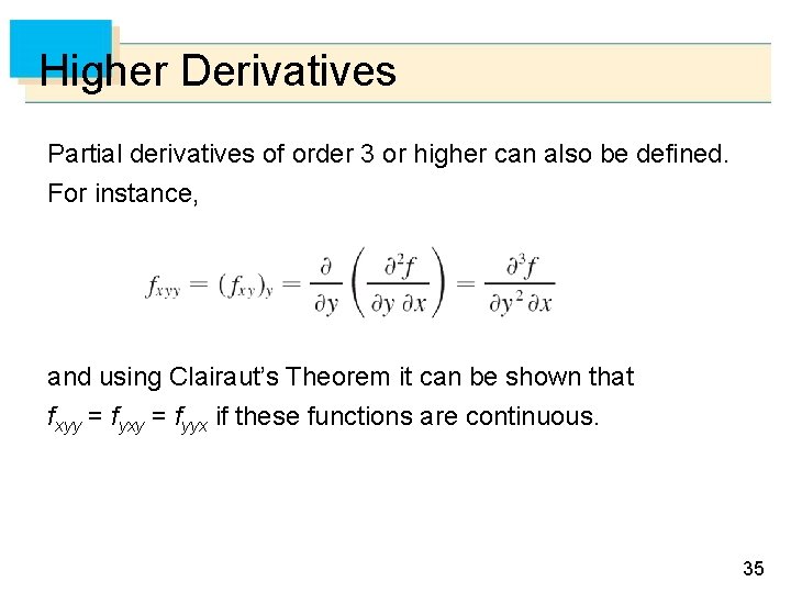 Higher Derivatives Partial derivatives of order 3 or higher can also be defined. For