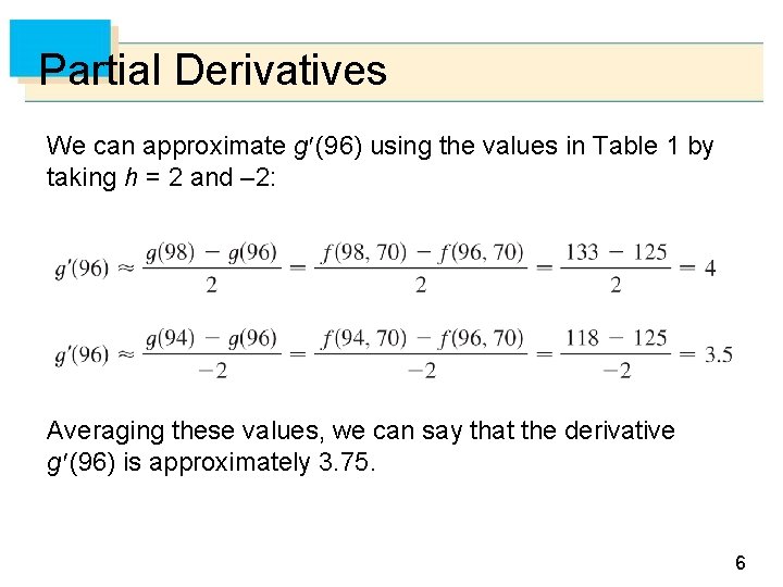 Partial Derivatives We can approximate g (96) using the values in Table 1 by