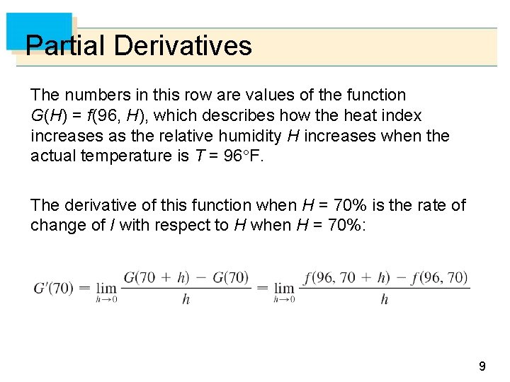 Partial Derivatives The numbers in this row are values of the function G(H) =