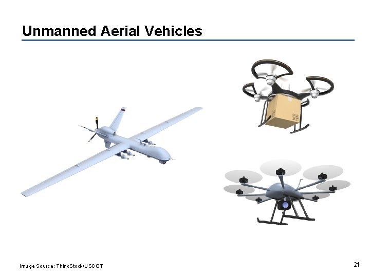 Unmanned Aerial Vehicles Image Source: Think. Stock/USDOT 21 