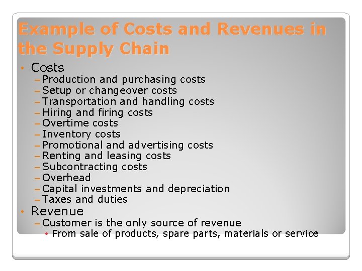 Example of Costs and Revenues in the Supply Chain • Costs • Revenue –