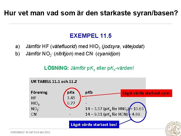 Hur vet man vad som är den starkaste syran/basen? EXEMPEL 11. 5 a) b)