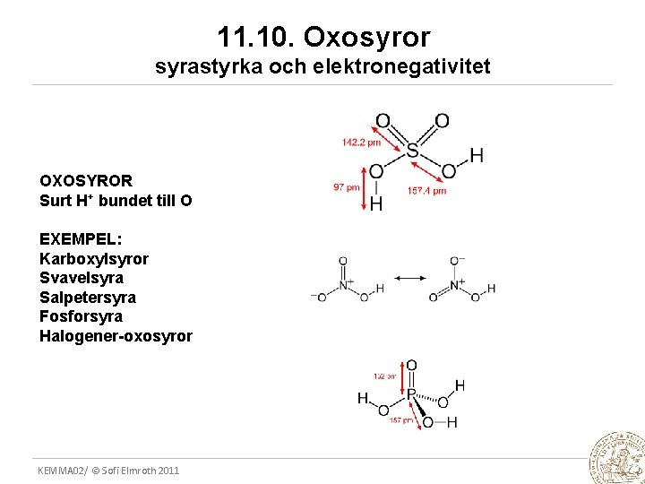 11. 10. Oxosyror syrastyrka och elektronegativitet OXOSYROR Surt H+ bundet till O EXEMPEL: Karboxylsyror