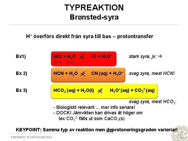 TYPREAKTION BrØnsted-syra H+ överförs direkt från syra till bas – protontransfer stark syra, jv: