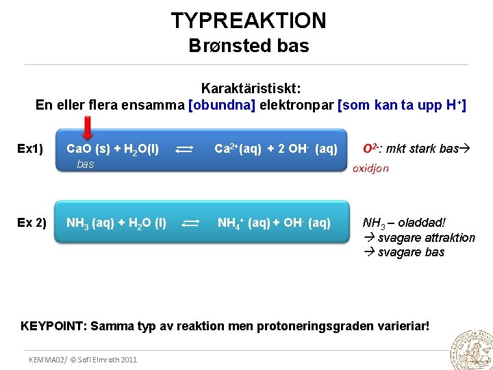 TYPREAKTION BrØnsted bas Karaktäristiskt: En eller flera ensamma [obundna] elektronpar [som kan ta upp