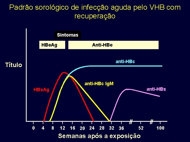 Padrão sorológico de infecção aguda pelo VHB com recuperação Sintomas HBe. Ag Anti-HBe anti-HBc Padrão sorológico de infecção aguda pelo VHB com recuperação Sintomas HBe. Ag Anti-HBe anti-HBc