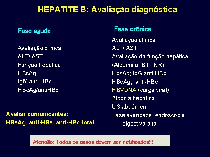 HEPATITE B: Avaliação diagnóstica Fase aguda Avaliação clínica ALT/ AST Função hepática HBs. Ag